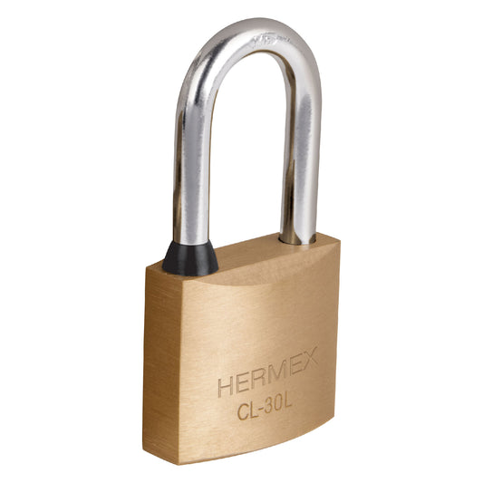 Candado de latón 30 mm gancho largo en blíster, Hermex Caja con 3, 43436