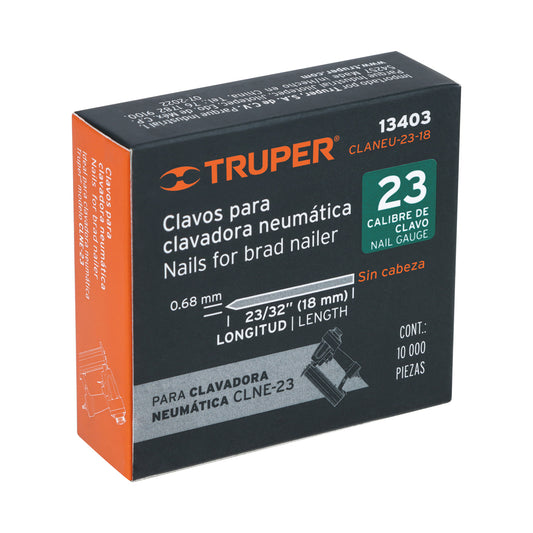 clavos calibre 23, 18 mm para CLNE-23, Truper Caja con 10000, 13403