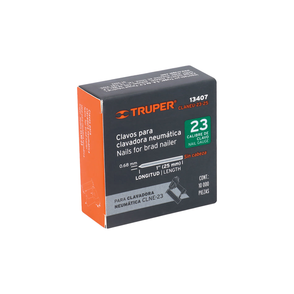 clavos calibre 23, 25 mm para CLNE-23, Truper Caja con 10000, 13407