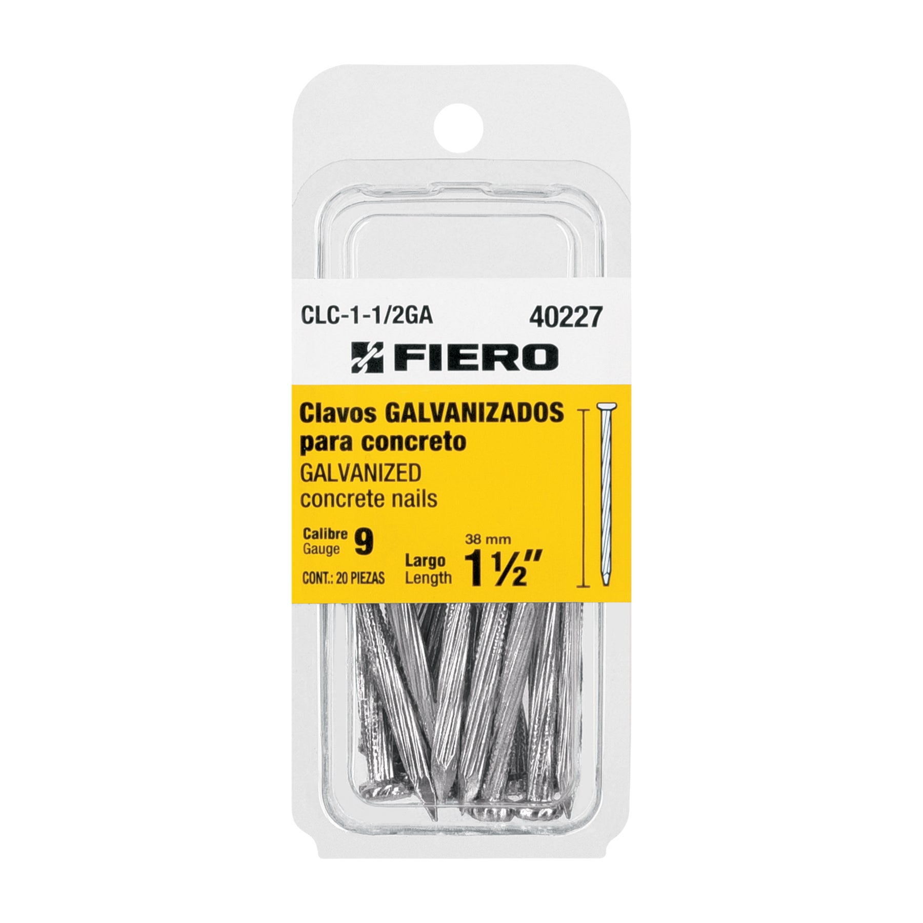 Blíster con 20 clavos galvanizados p/concreto 1-1/2', Fiero, 40227