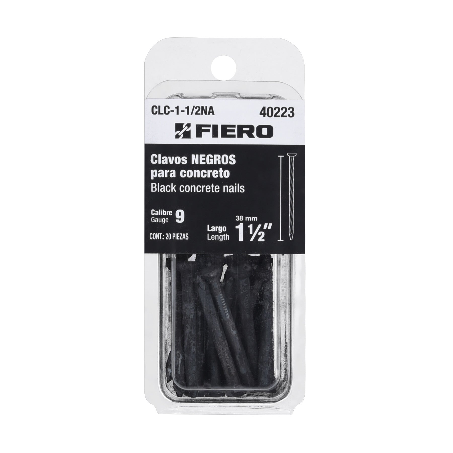 Blíster con 20 clavos negros para concreto 1-1/2', Fiero, 40223