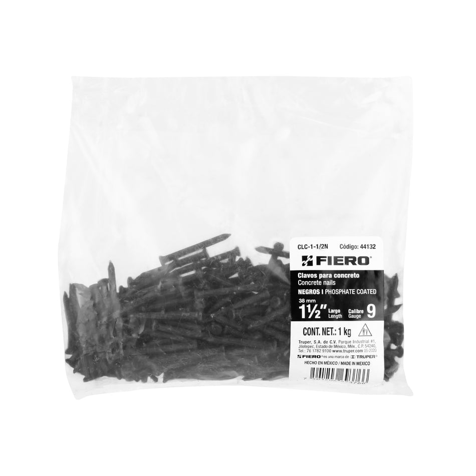Bolsa con 1 kg de clavos para concreto negros 1-1/2', FIERO Caja con 5, 44132