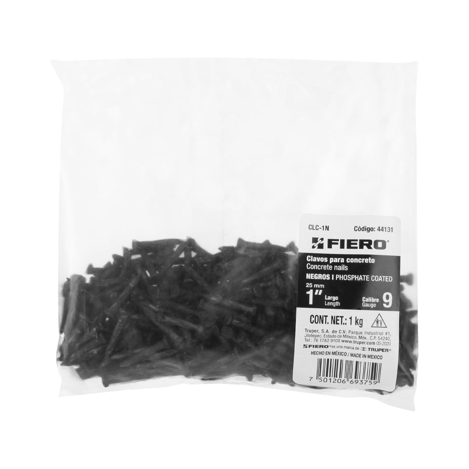 Bolsa con 1 kg de clavos para concreto negros 1', FIERO Caja con 5, 44131