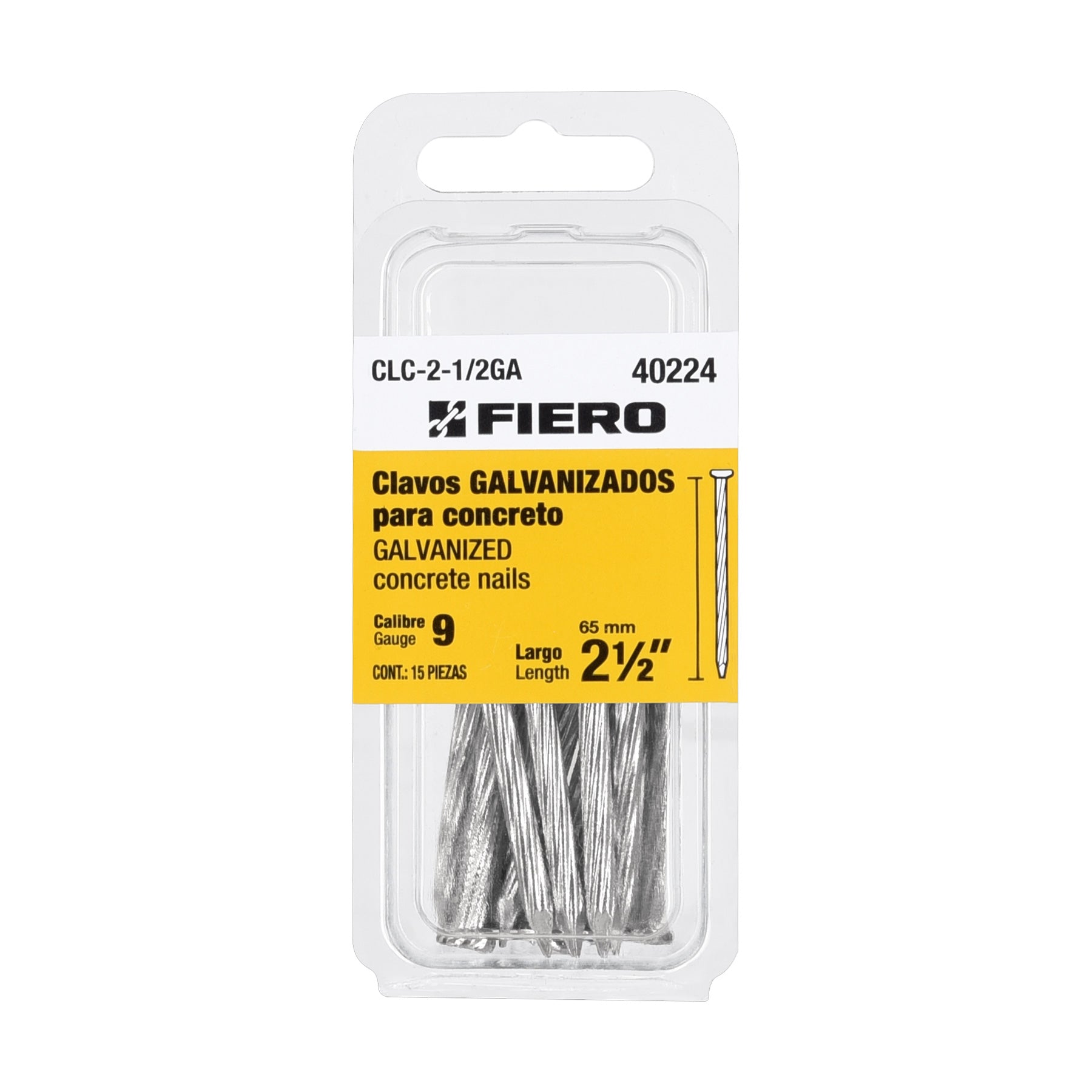 Blíster con 15 clavos galvanizados p/concreto 2-1/2', Fiero, 40224