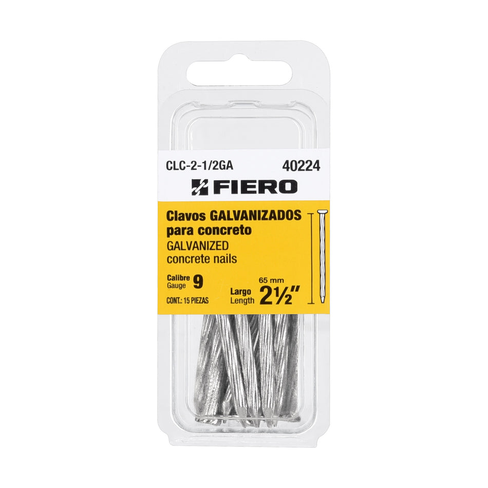 Blíster con 15 clavos galvanizados p/concreto 2-1/2', Fiero Caja con 12, 40224