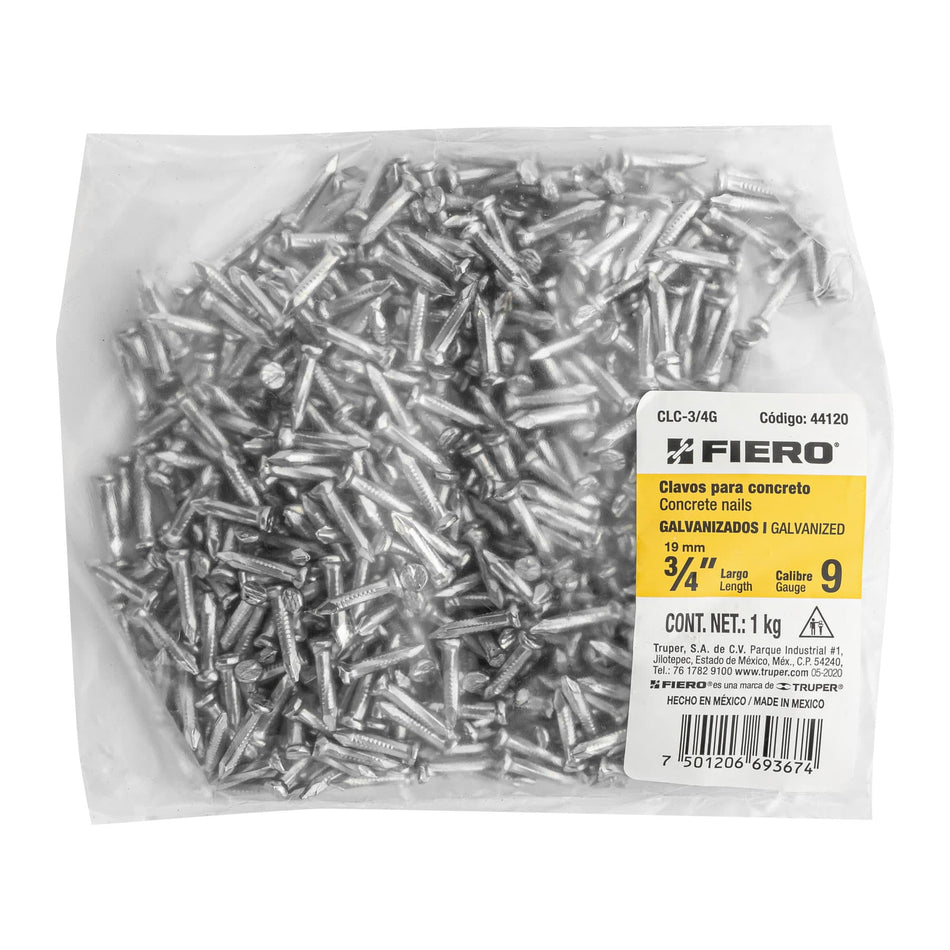 Bolsa con 1 kg de clavos para concreto galvanizados 3/4' Caja con 5, 44120
