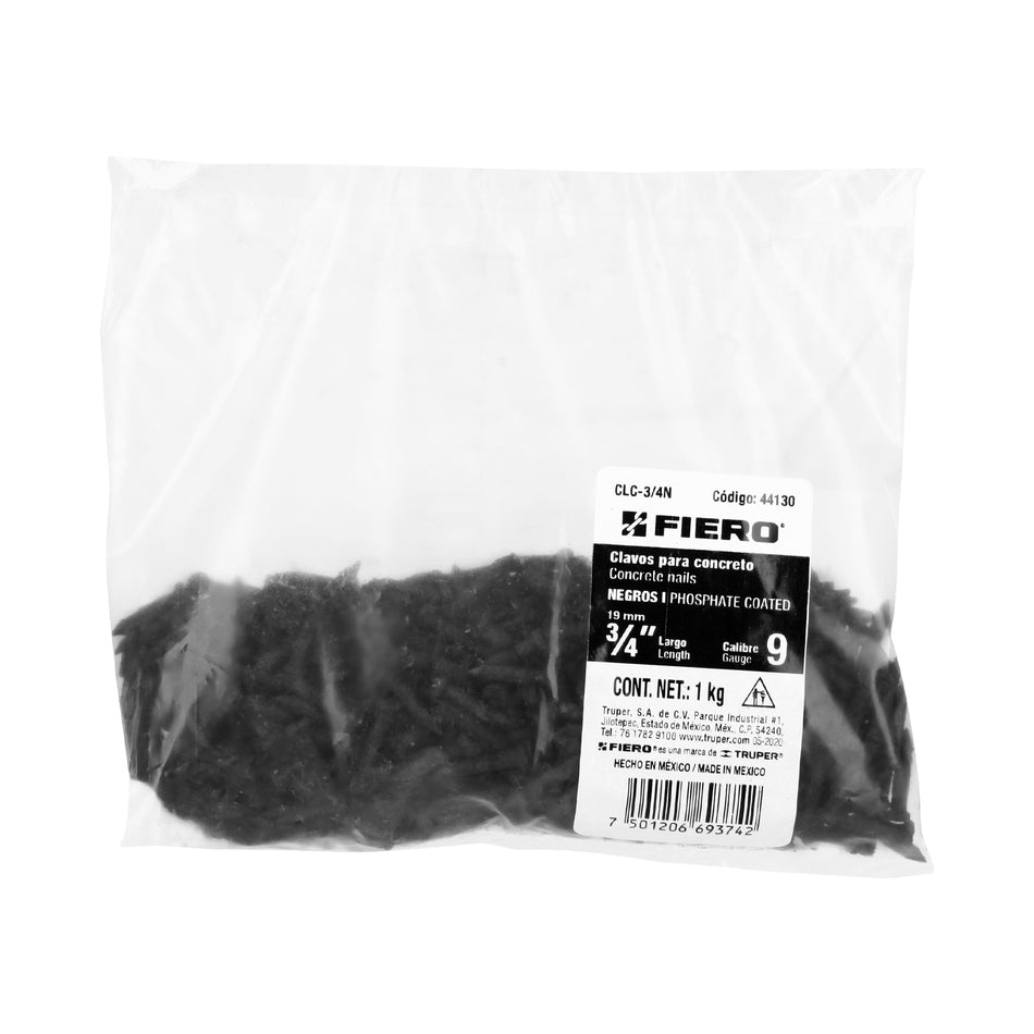 Bolsa con 1 kg de clavos para concreto negros 3/4', FIERO Caja con 5, 44130