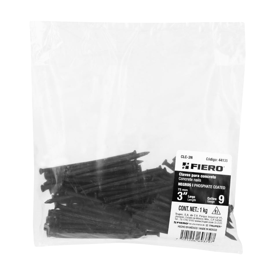 Bolsa con 1 kg de clavos para concreto negros 3', FIERO Caja con 5, 44135