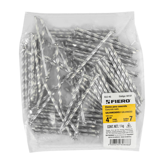 Bolsa con 1 kg de clavos para concreto galvanizados 4' Caja con 5, 44137