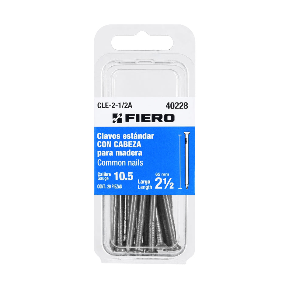 Blíster con 20 clavos estándar 2-1/2' con cabeza, Fiero Caja con 12, 40228