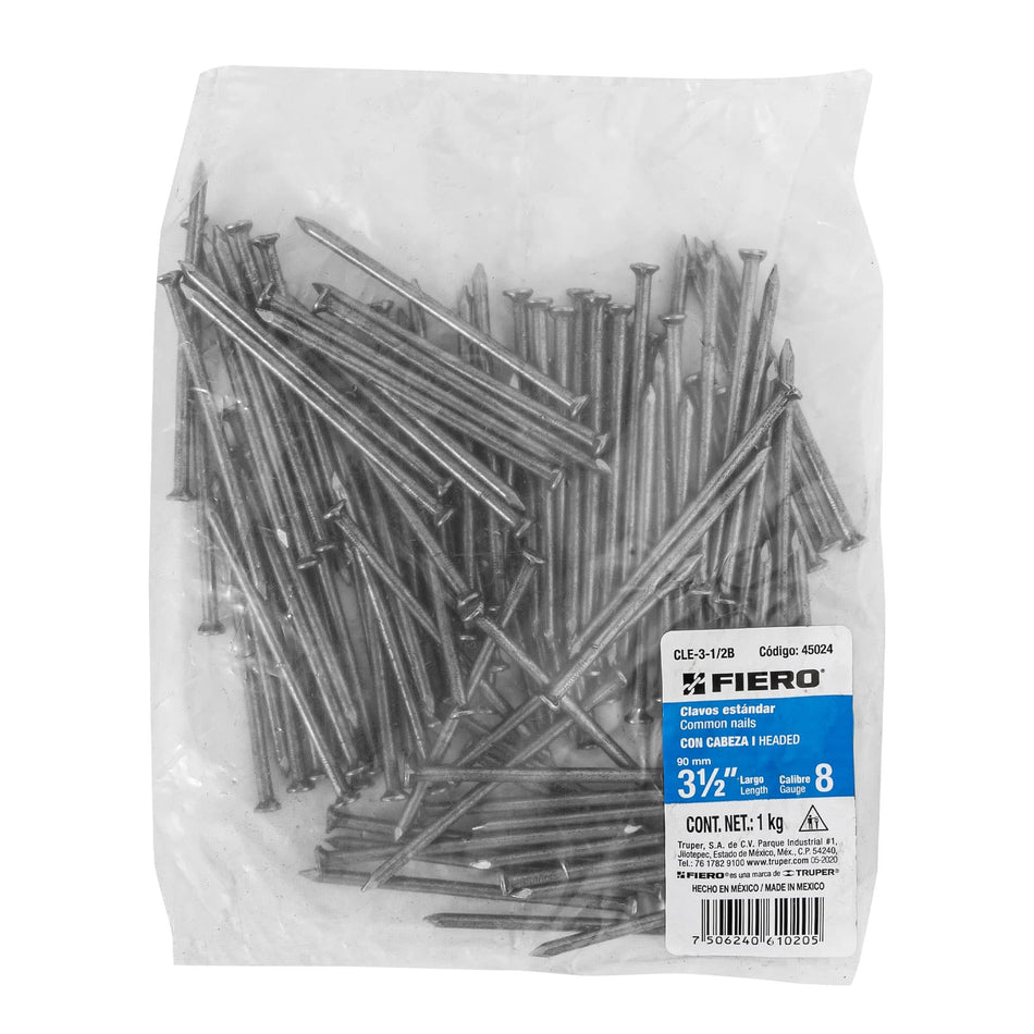 Bolsa con 1 kg de clavo estándar 3-1/2' con cabeza, Fiero Caja con 5, 45024
