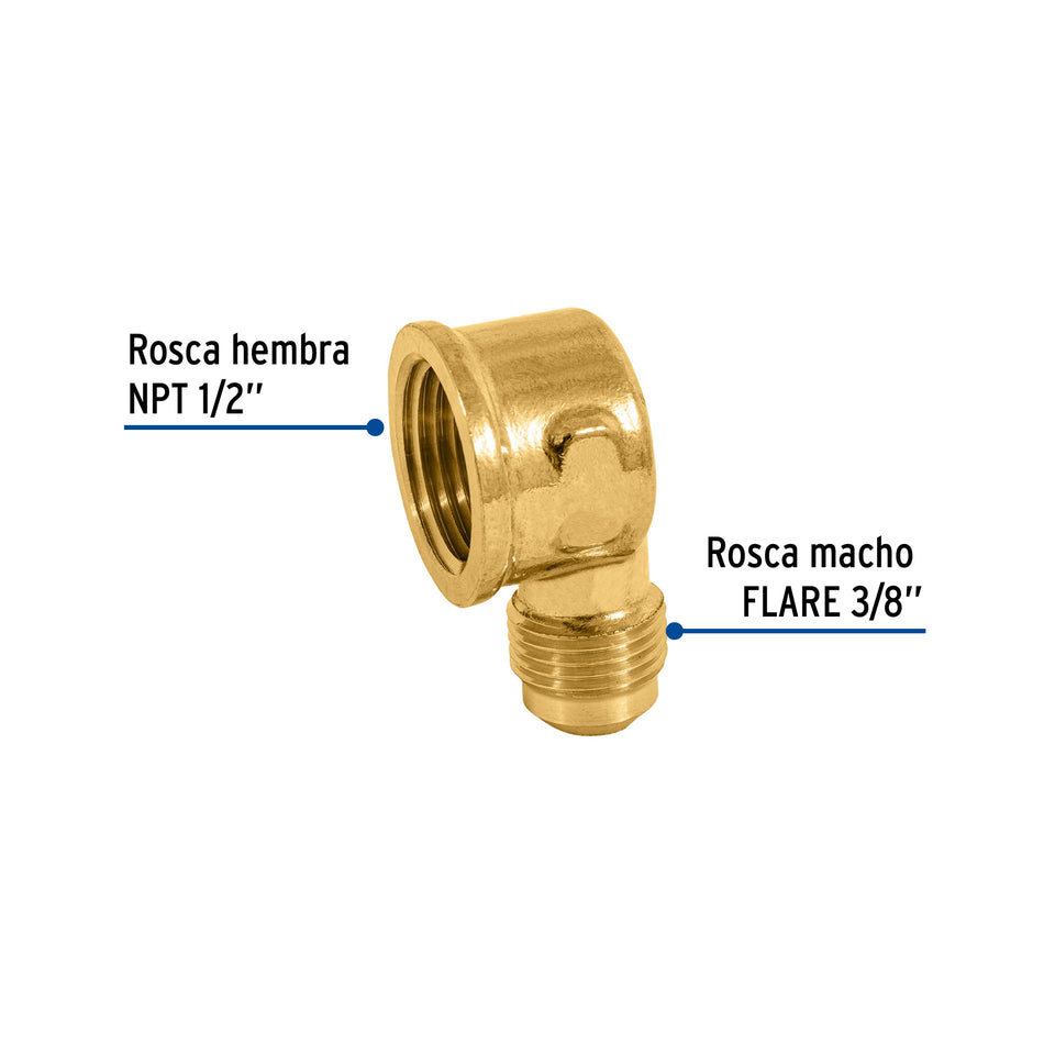 Codo para estufa a 90° de latón de 3/8 x 1/2', Foset Caja con 10, 47404