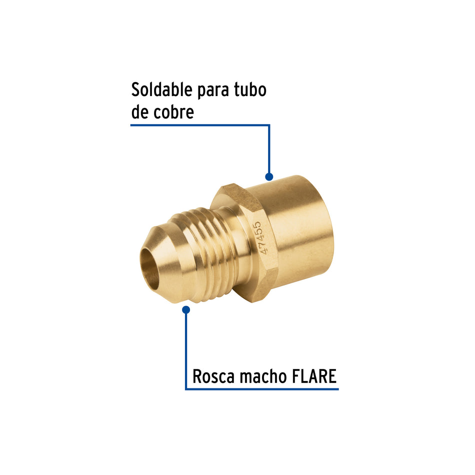 Conector flare soldable de latón, 3/8' x 1/2', Foset Caja con 10, 47455