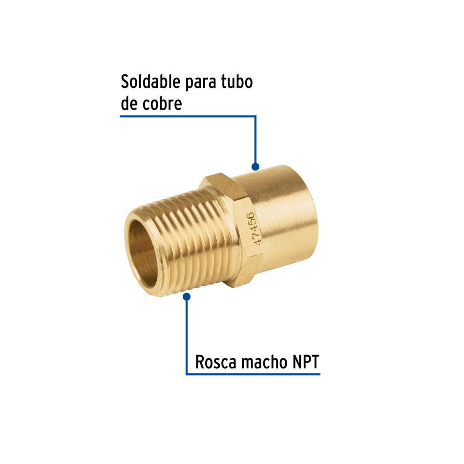 Conector NPT soldable de latón, 1/2' X 3/8', Foset Caja con 10, 47456