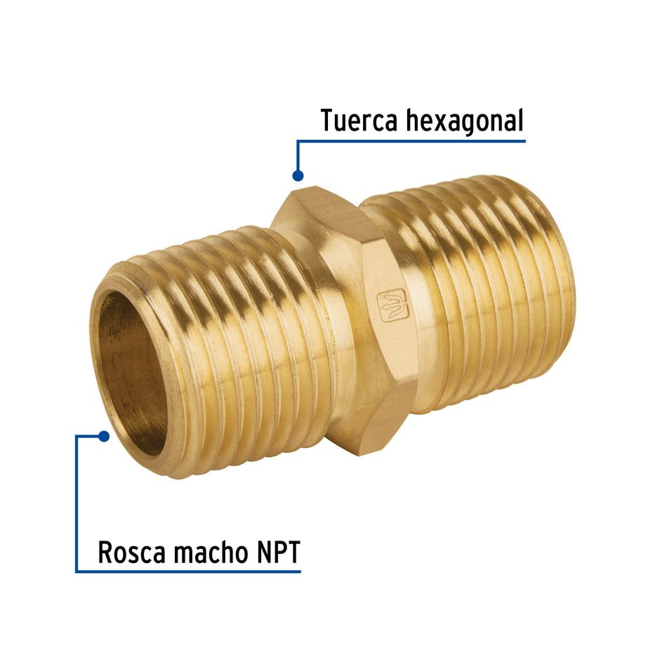 Niple unión NPT de latón, 1/2' con tuerca hexagonal, Foset Caja con 10, 48499