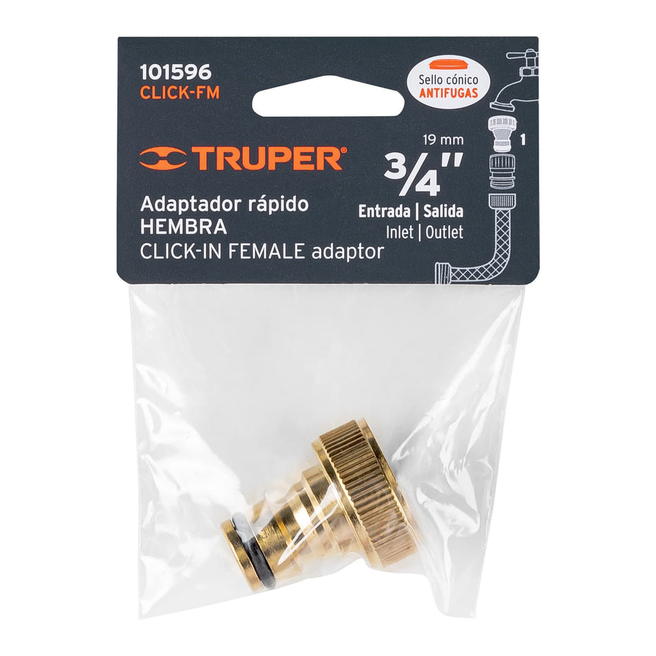 Conector 3/4' rápido hembra de latón, sistema click, Truper Caja con 6, 101596