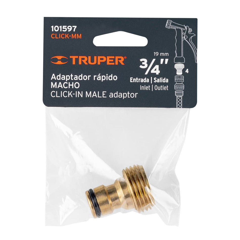 Conector 3/4' rápido macho de latón, sistema click, Truper Caja con 6, 101597