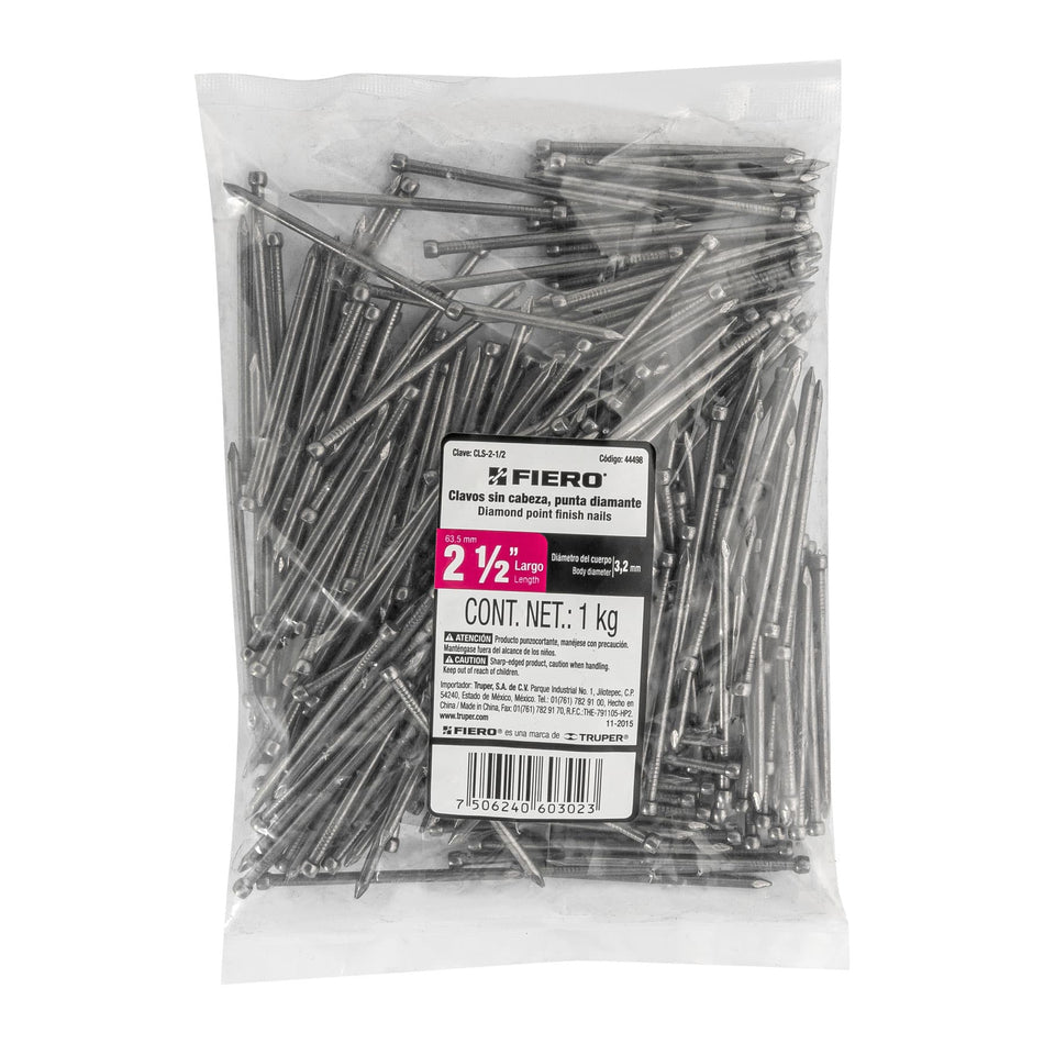 Bolsa con 1 kg de clavo estándar 2-1/2' sin cabeza, Fiero Caja con 10, 44498