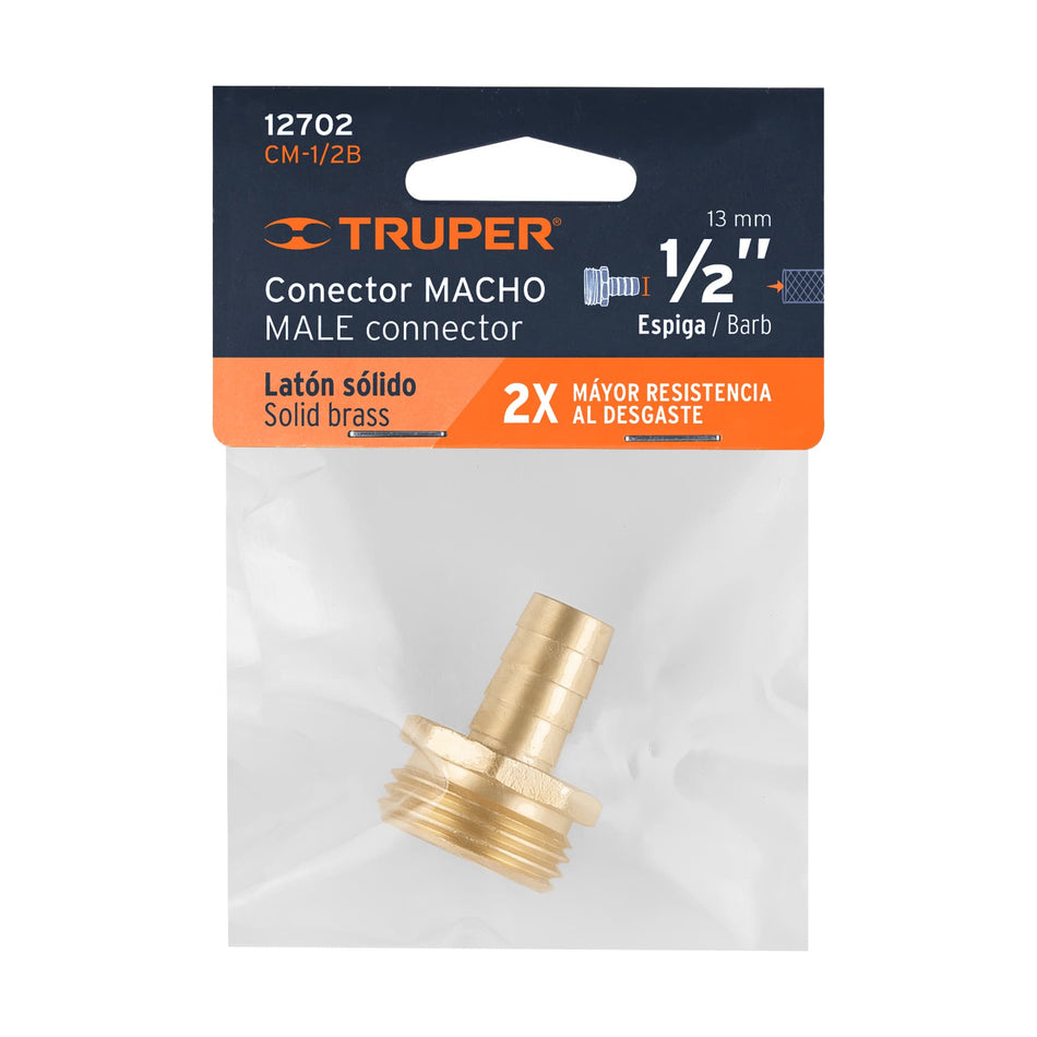 Conector 1/2' macho de latón sólido para manguera, Truper Caja con 6, 12702