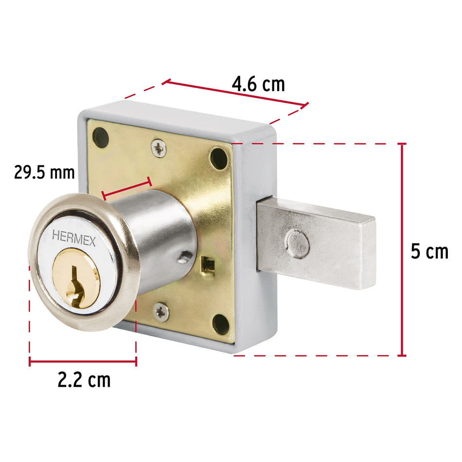 Cerradura para mueble, modelo 26, cromo, Hermex Caja con 6, 43560