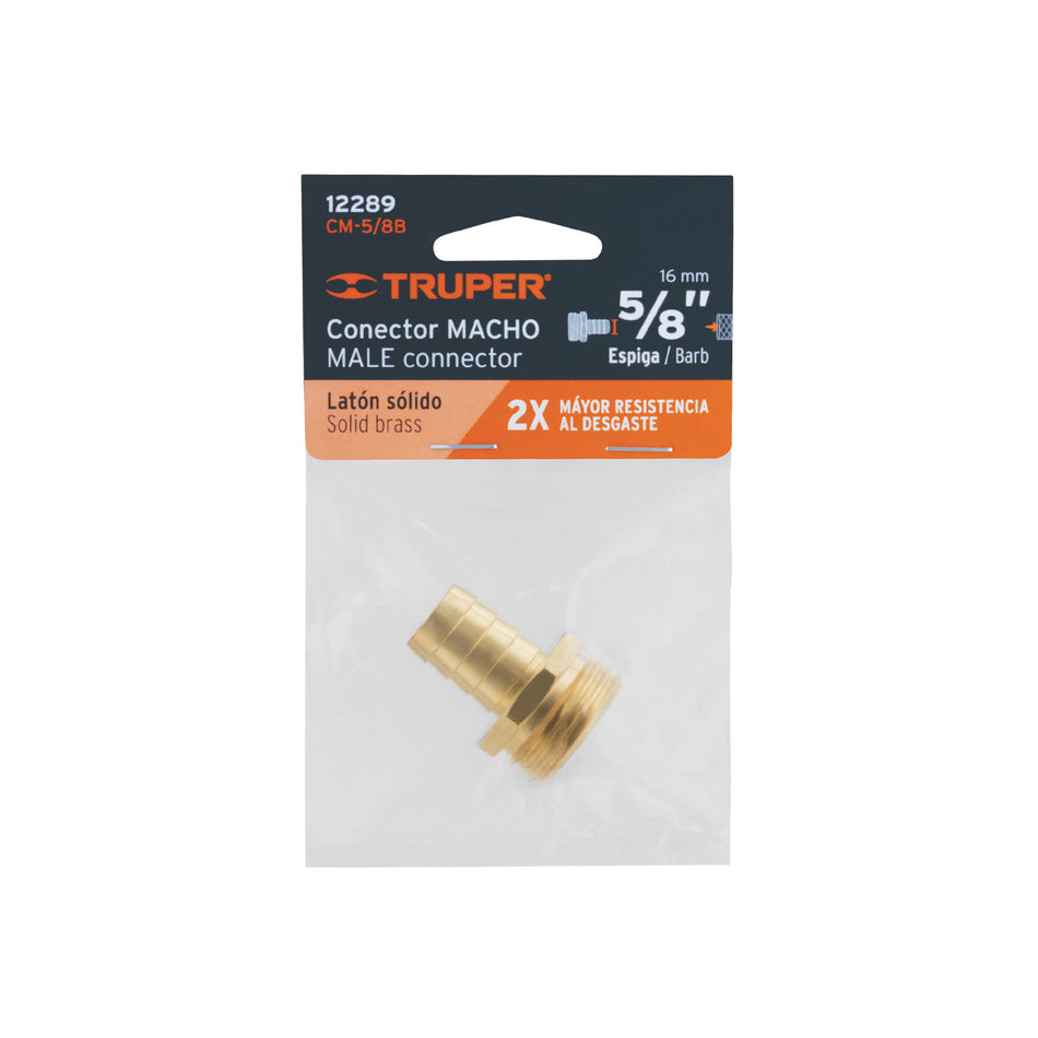 Conector 5/8' macho de latón sólido para manguera, Truper Caja con 6, 12289