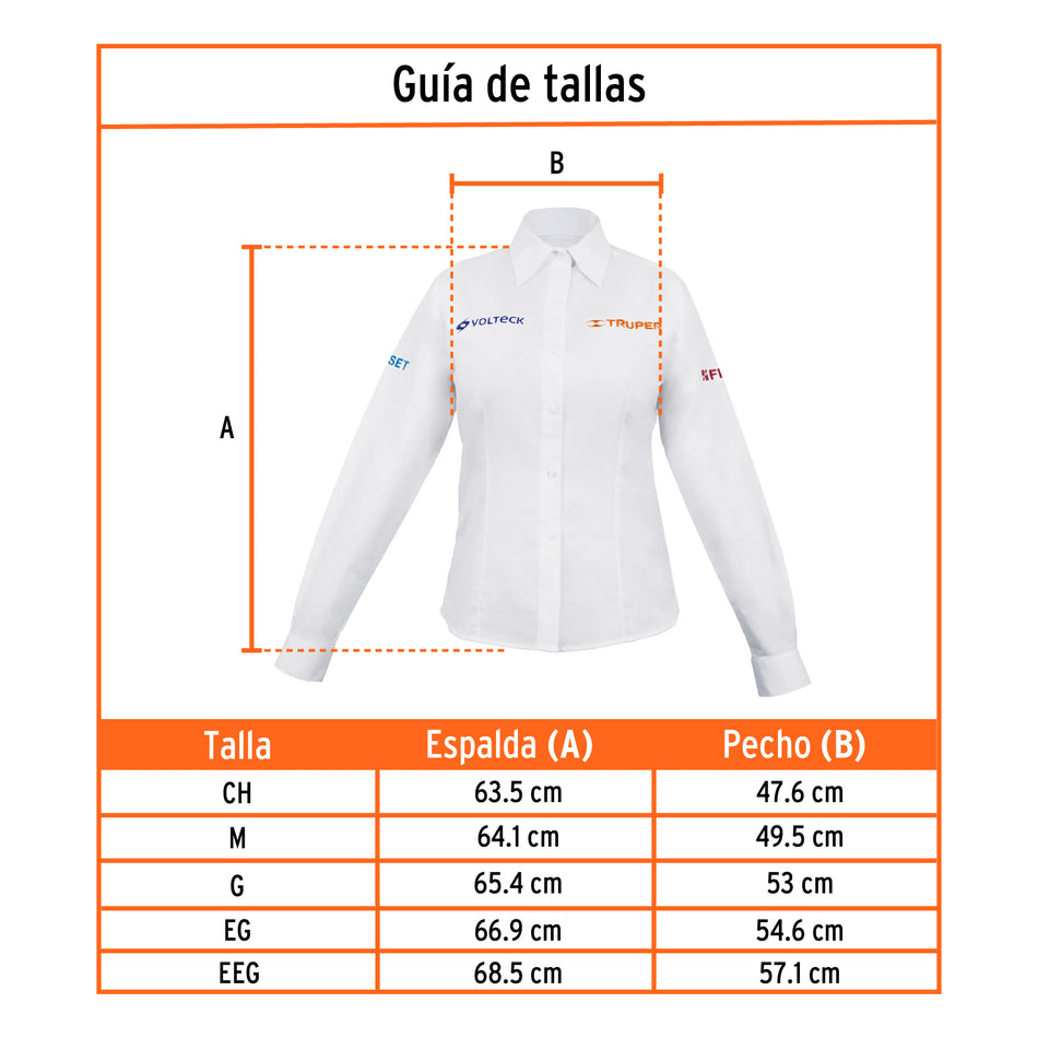Camisa manga larga para mujer, blanca, EEG, Truper, 63110