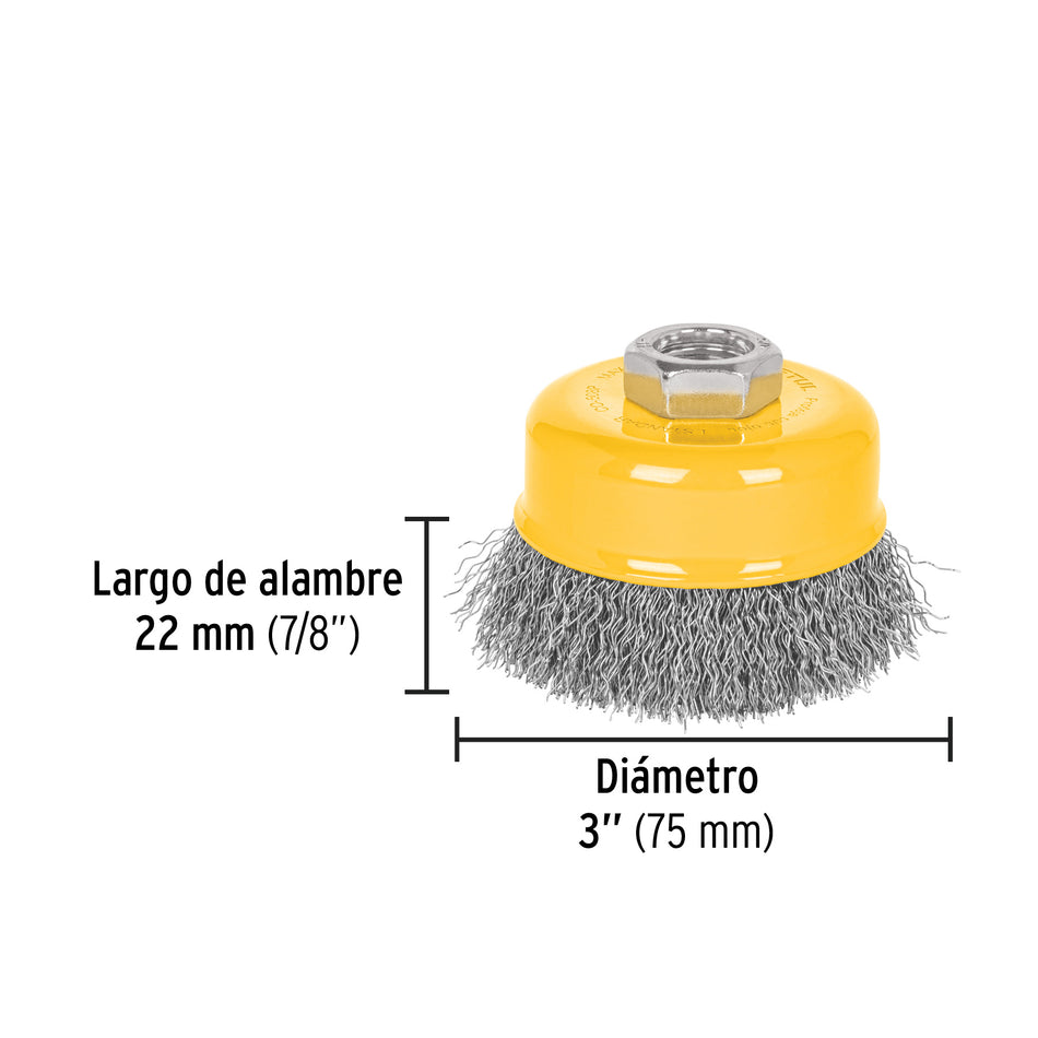 Carda copa 3' alambre ondulado fino, eje 5/8'-11, Pretul Caja con 4, 28262