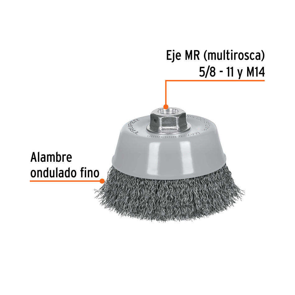 Carda copa 5' alambre ondulado fino, Multi-rosca, Truper Caja con 4, 100859