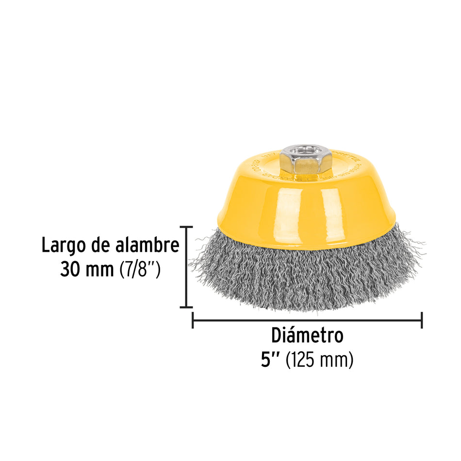 Carda copa 5' alambre ondulado fino, eje 5/8'-11, Pretul Caja con 4, 28264