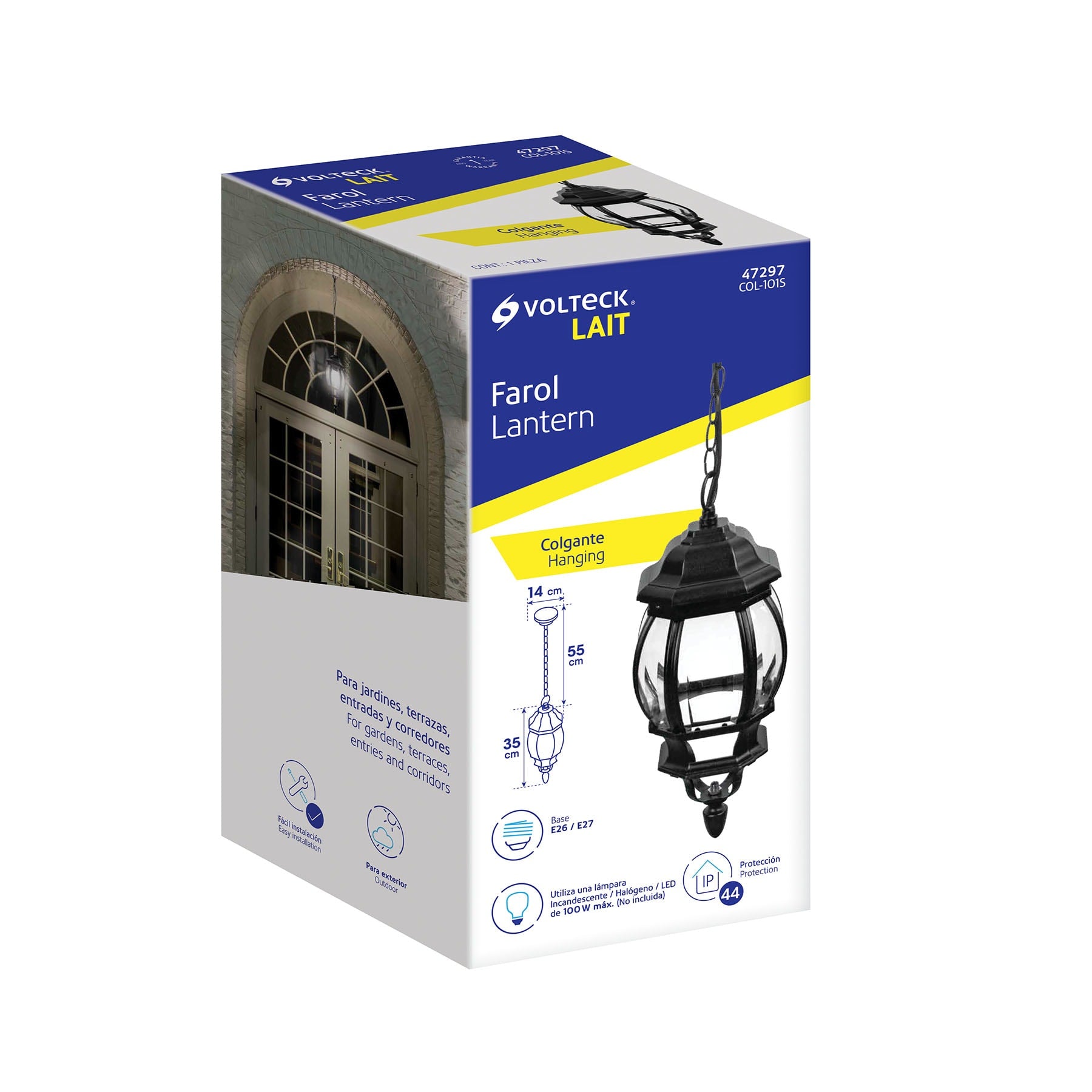 Arbotante tipo farol tradicional colgante p/exterior, negro, 47297