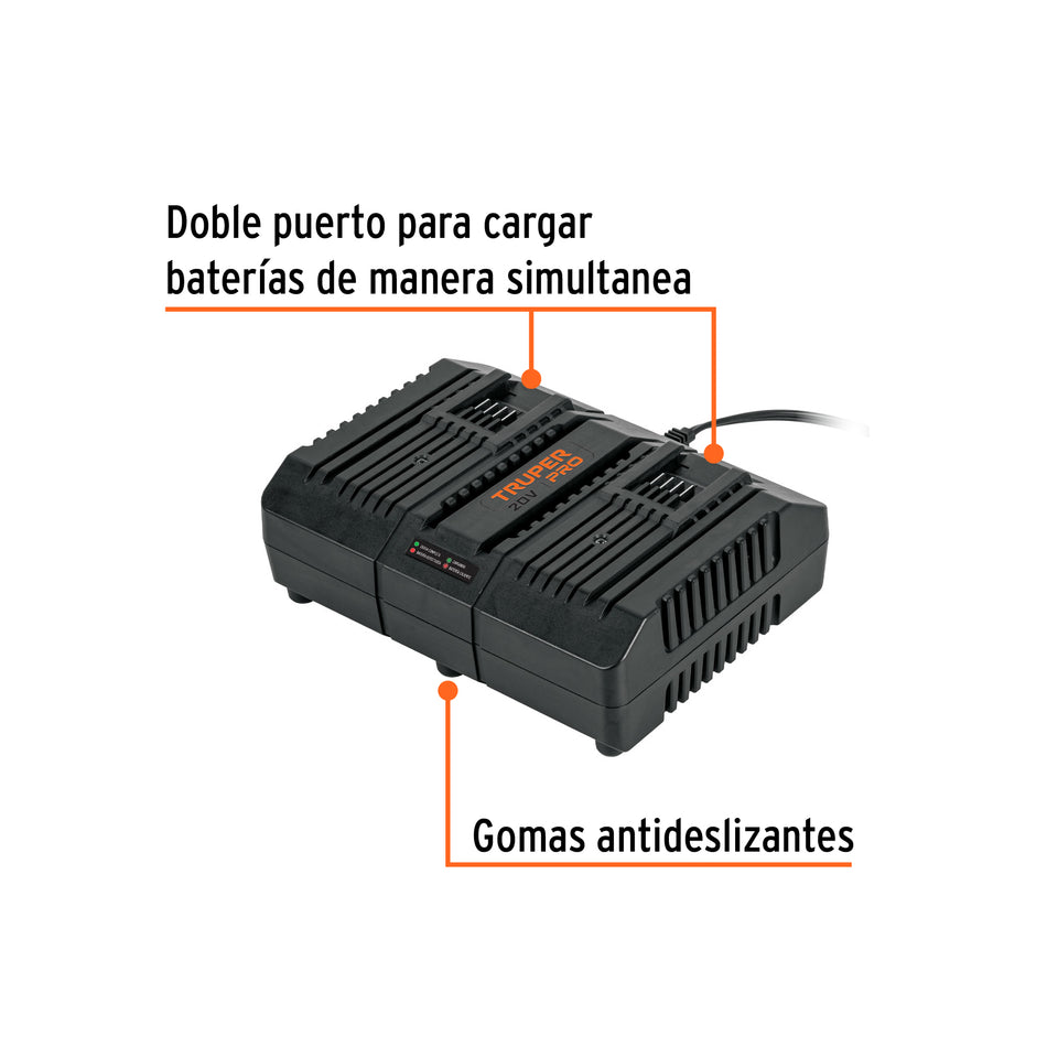 Combo cargador dual con 2 baterías de 2Ah, 20V, TRUPER PRO, 103377