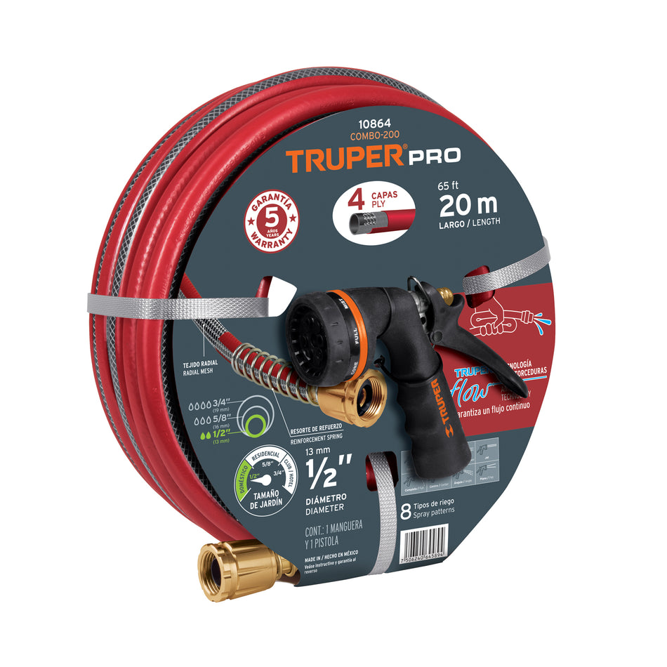 Combo manguera MAN-20X1/2X y pistola de riego PR-208, Truper Caja con 5, 10864