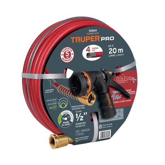 Combo manguera MAN-20X1/2X y pistola de riego PR-208, Truper Caja con 5, 10864