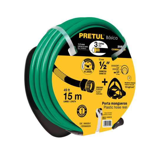 Combo manguera MAN-15X1/2P y portamanguera negro, Pretul Caja con 4, 20587