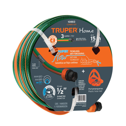 Combo manguera MAN-15X1/2RE y portamanguera GAN-MA, Truper Caja con 4, 10883