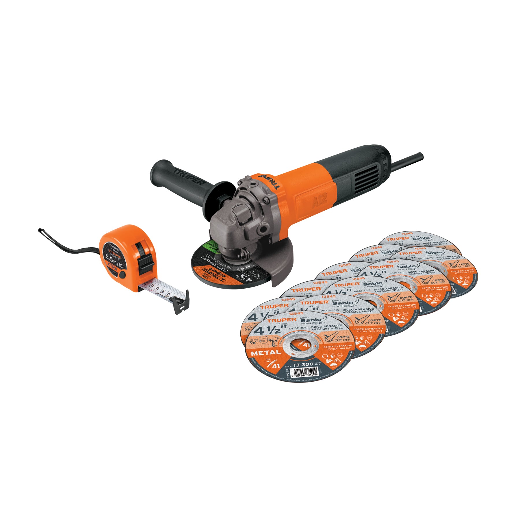 Combo esmeriladora 4-1/2', 700W, discos y flexómetro, PRO, 101526