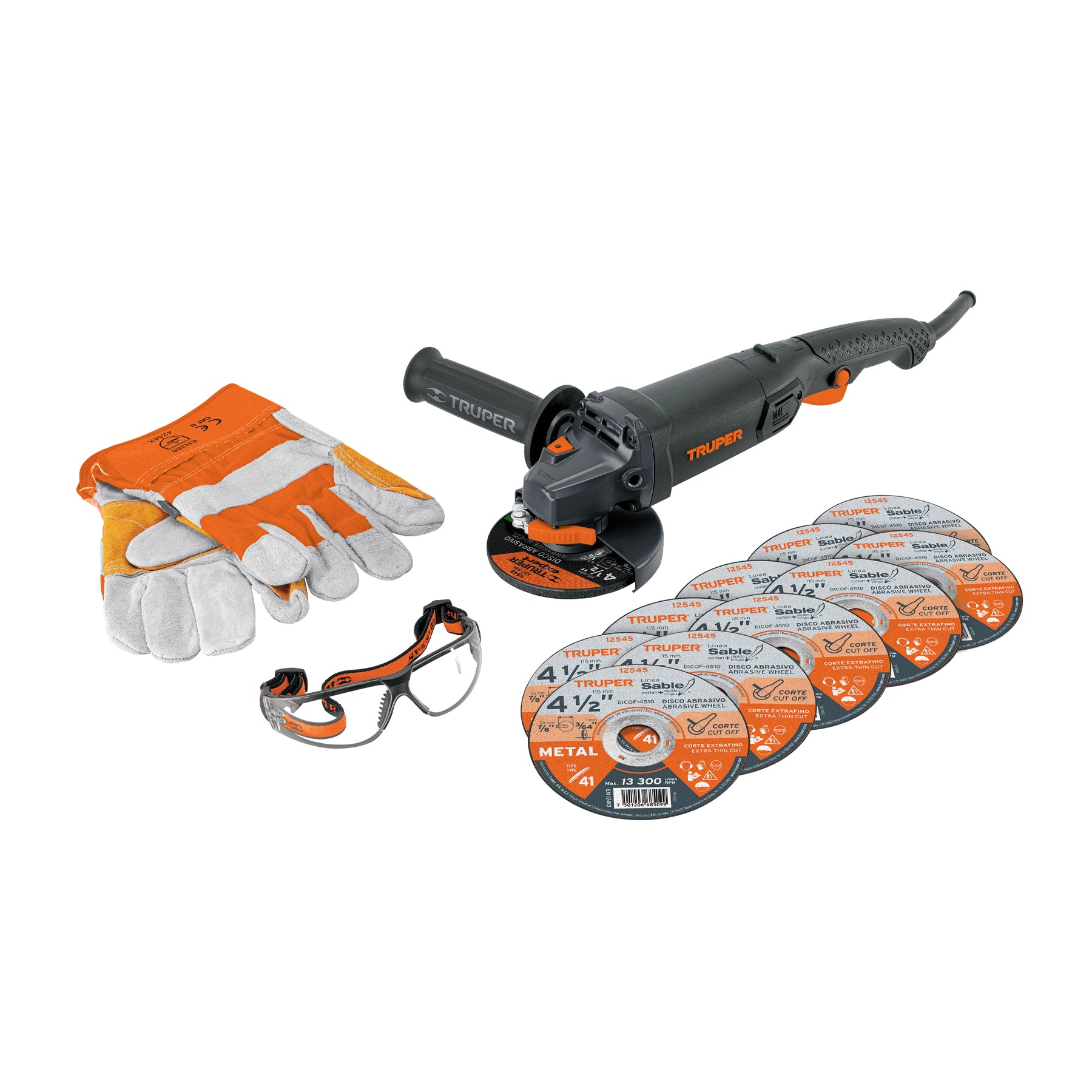 Combo esmeriladora 4-1/2',950W, discos, lentes y guantes,IND, 101456