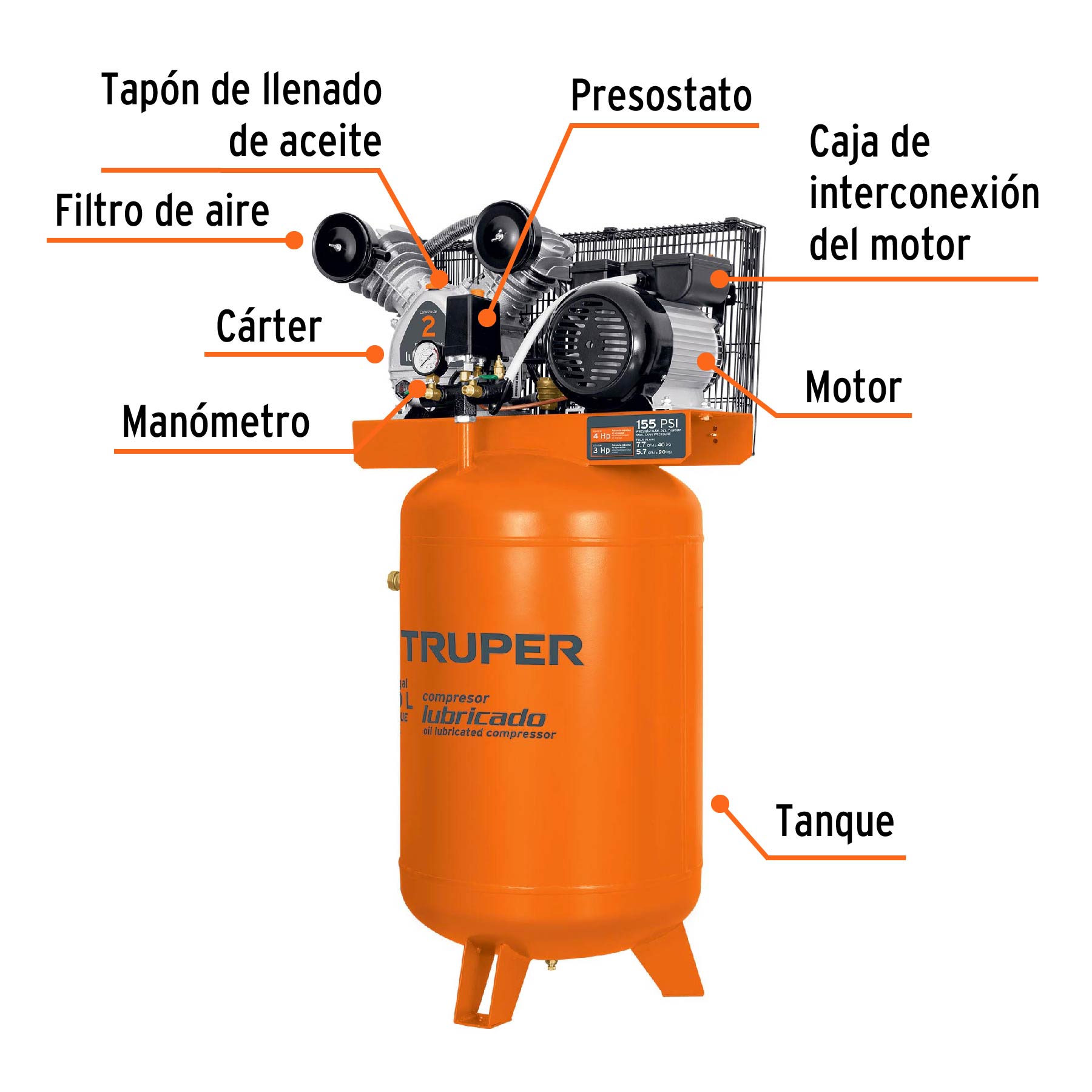 Compresor de aire, con banda, vertical 120L 4HP, 220V Truper, 19358