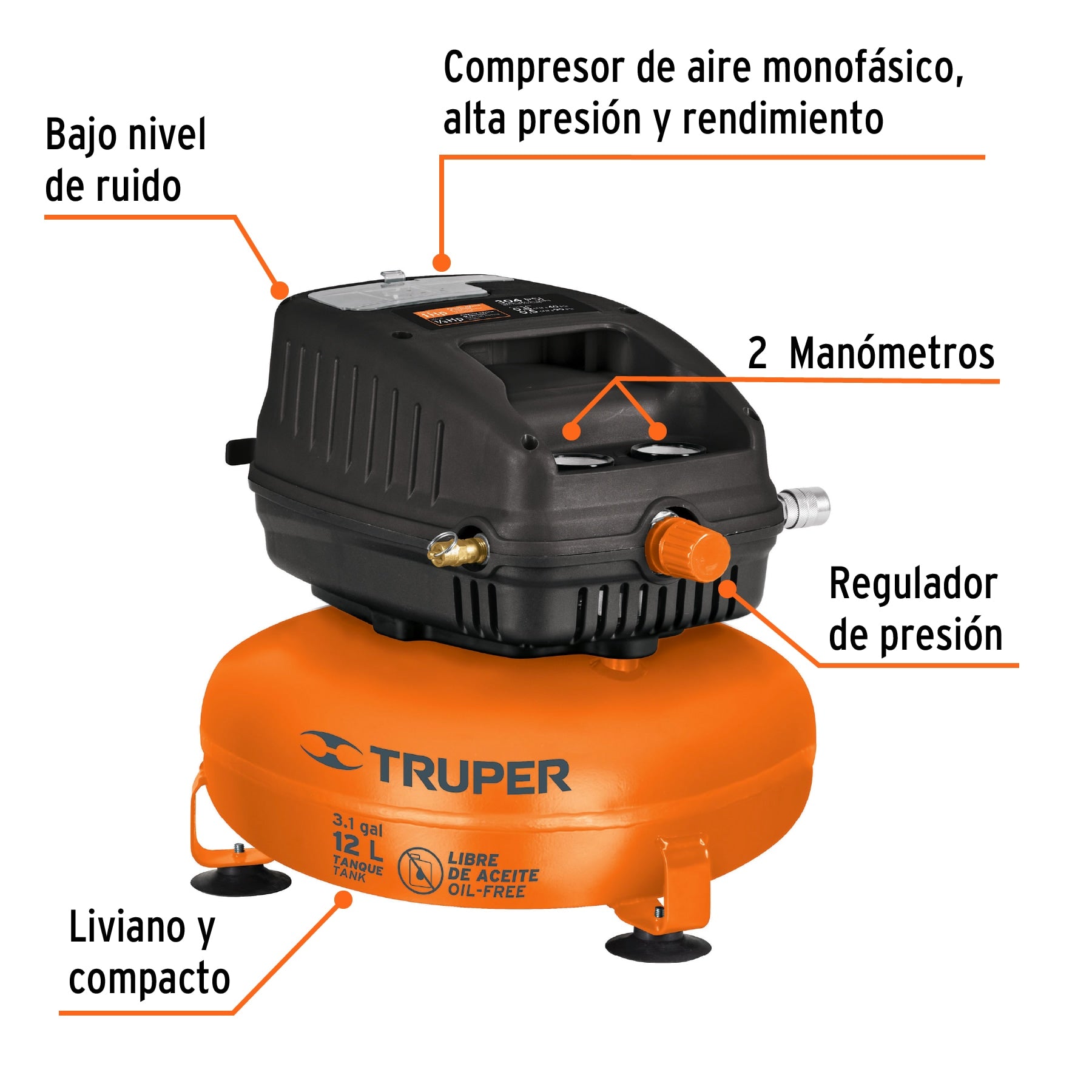 Compresor libre de aceite compacto 12L, 1HP 127V Truper, 13824