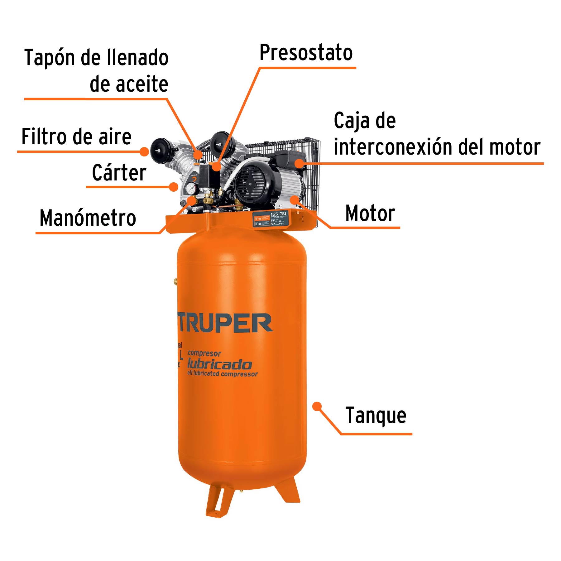 Compresor de aire, con banda, vertical 180L 4HP, 220V Truper, 15657