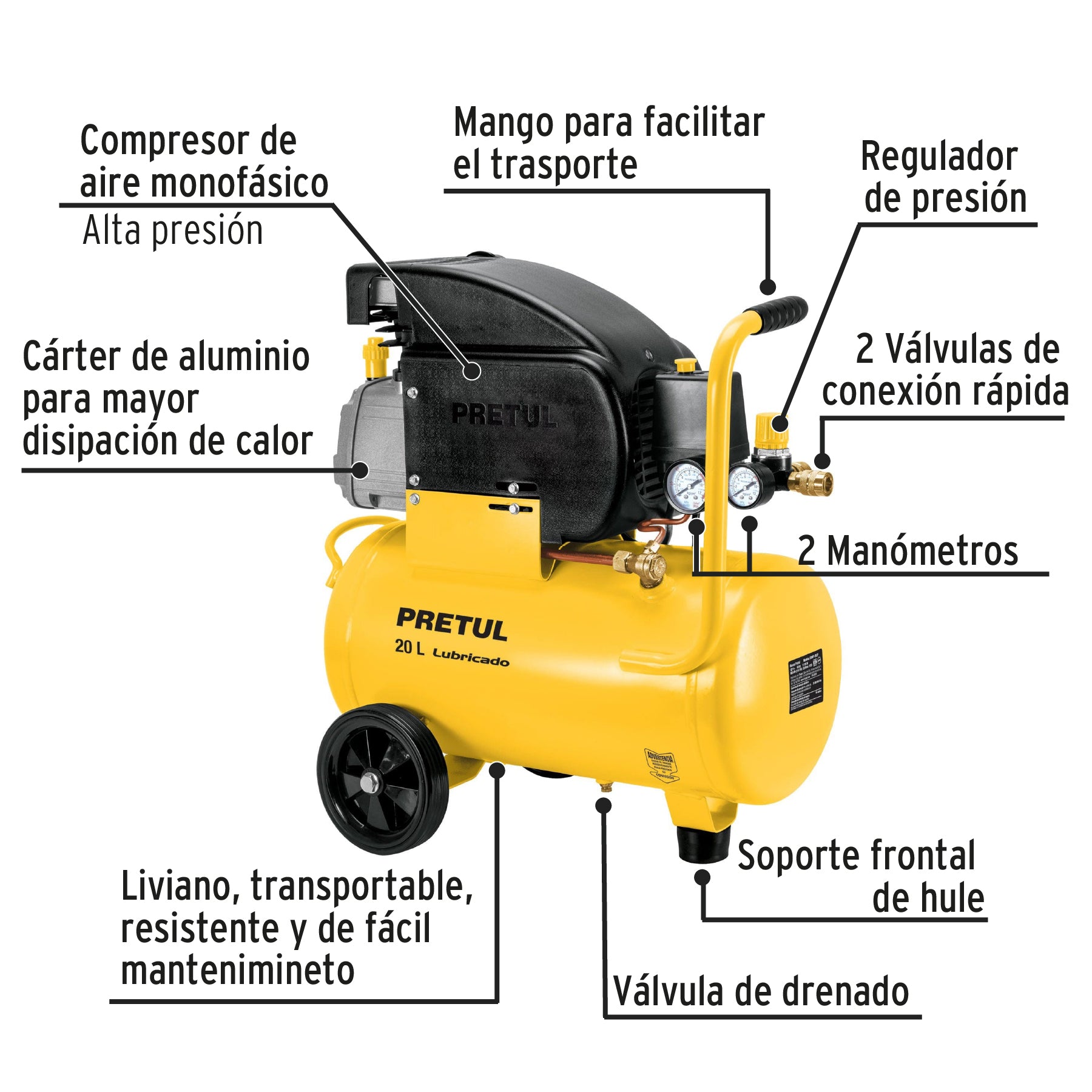 Compresor de aire, lubricado,horizontal 20L 2½HP 127V Pretul, 23065