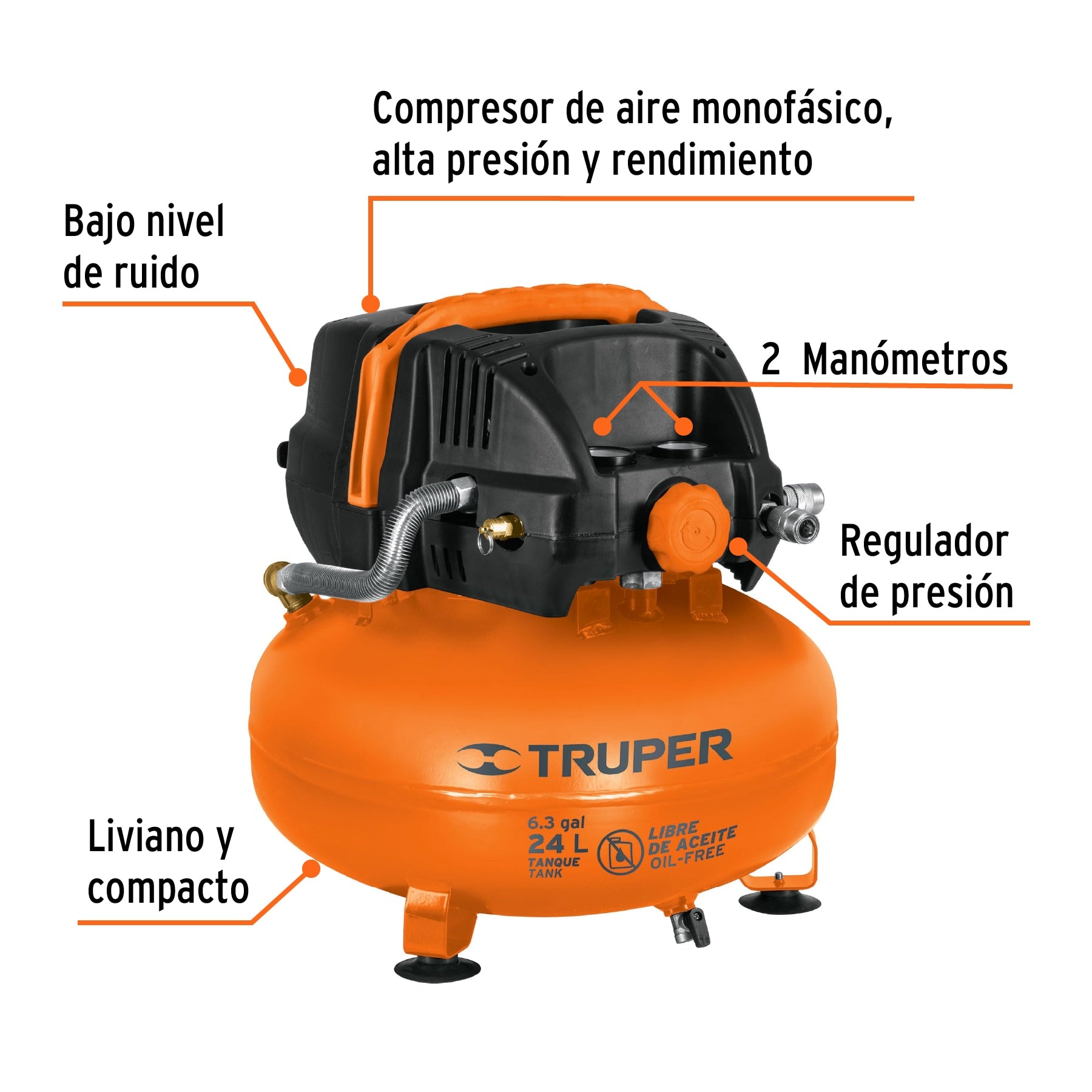 Compresor libre de aceite compacto 24L, 2-2/3HP 127V Truper, 13830