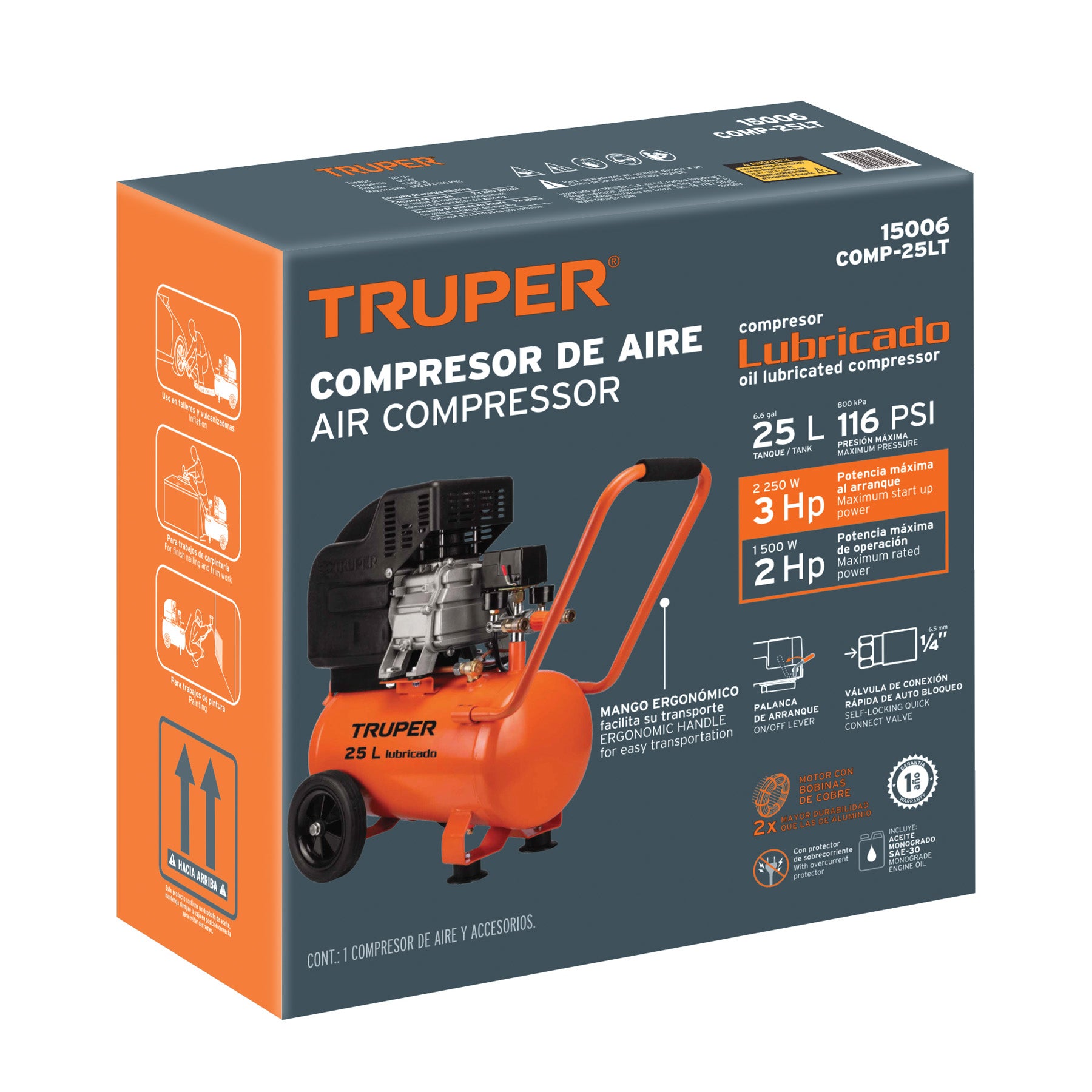 Compresor de aire, lubricado, horizontal 25L 3HP 127V Truper, 15006