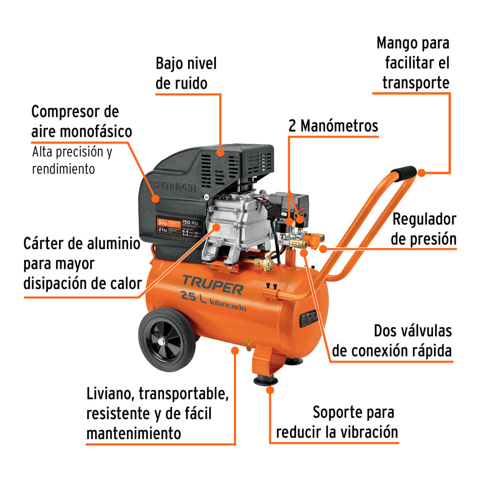 Compresor de aire, lubricado, horizontal 25L 3HP 127V Truper, 15006