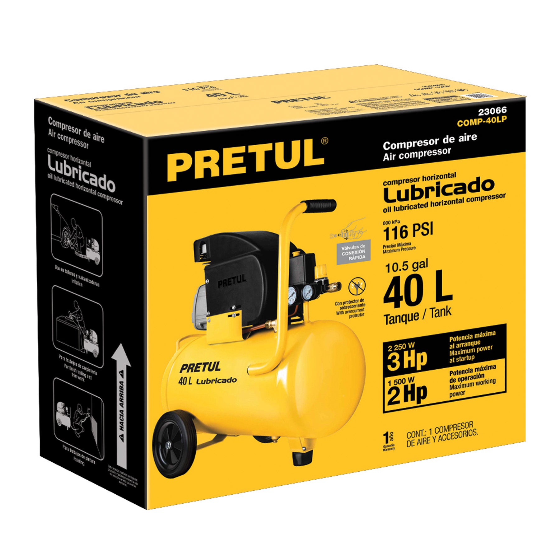 Compresor de aire, lubricado, horizontal 40L 3HP 127V Pretul, 23066