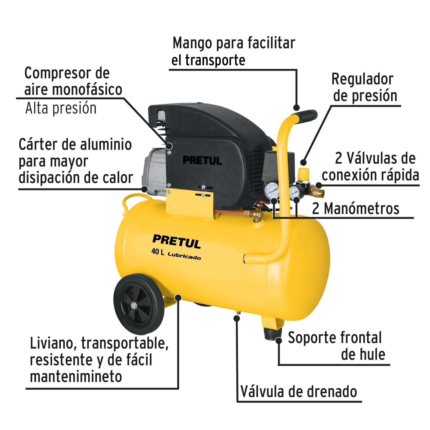 Compresor de aire, lubricado, horizontal 40L 3HP 127V Pretul, 23066