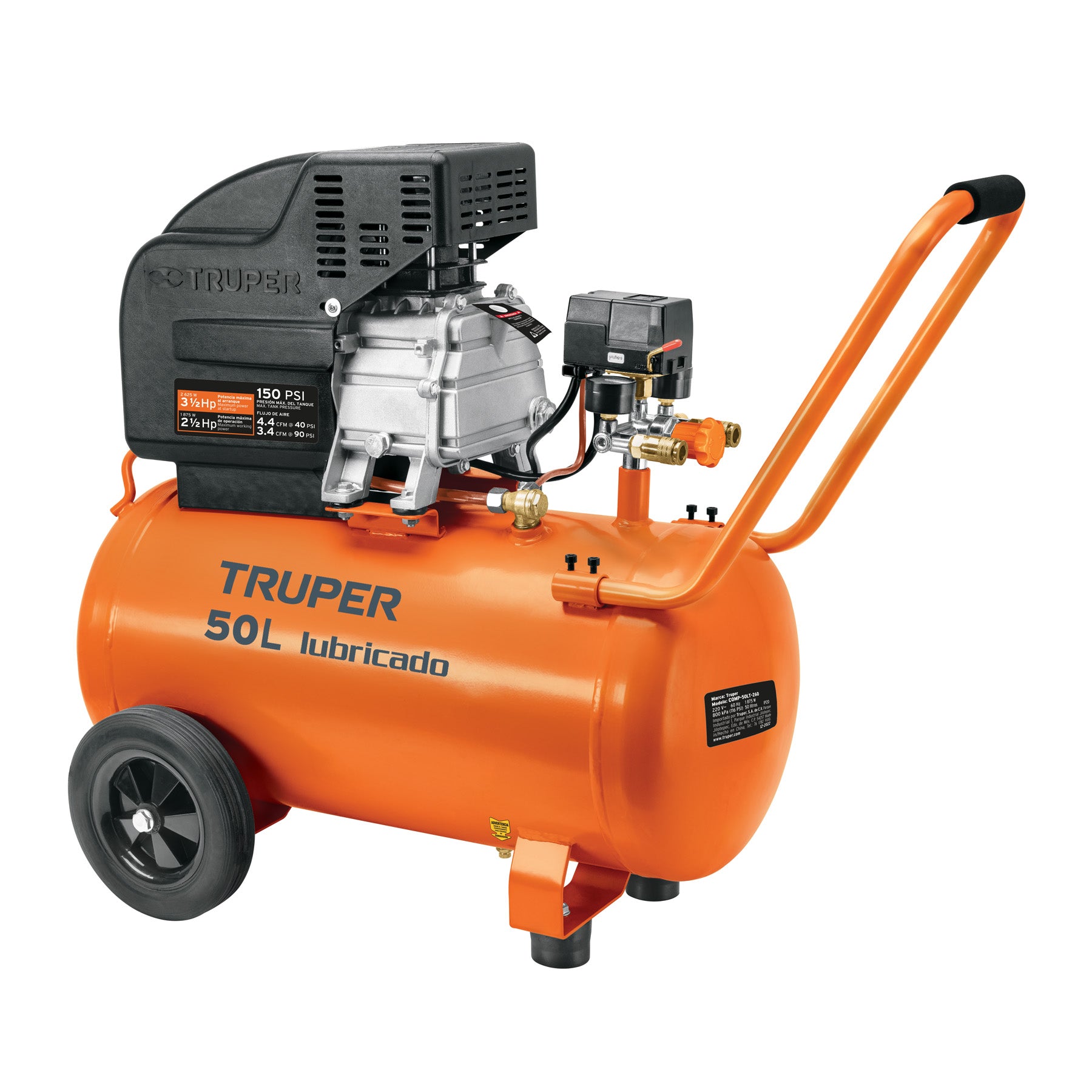 Compresor de aire, lubricado,horizontal 50L 3½HP 127V Truper, 15007