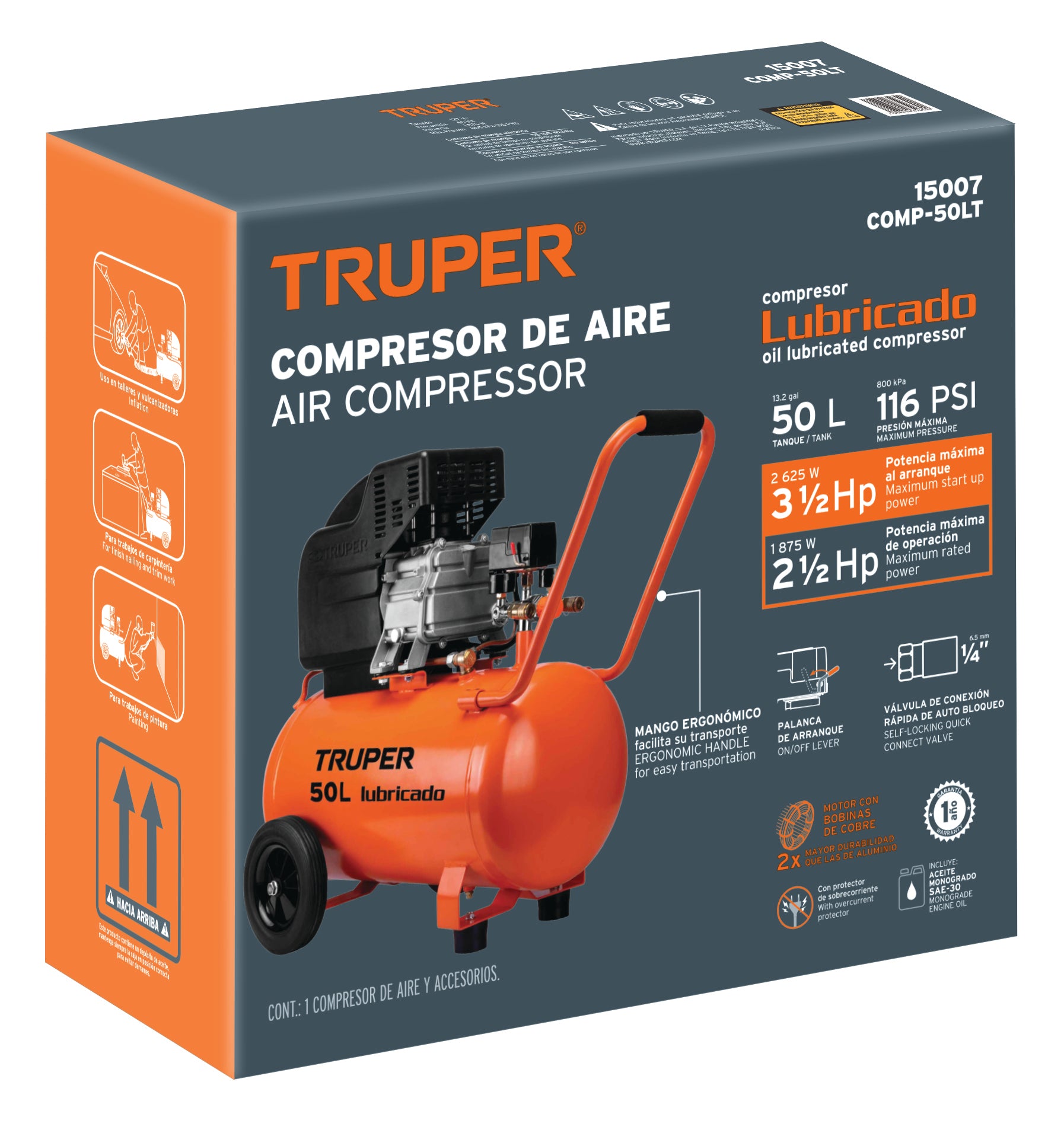 Compresor de aire, lubricado,horizontal 50L 3½HP 127V Truper, 15007