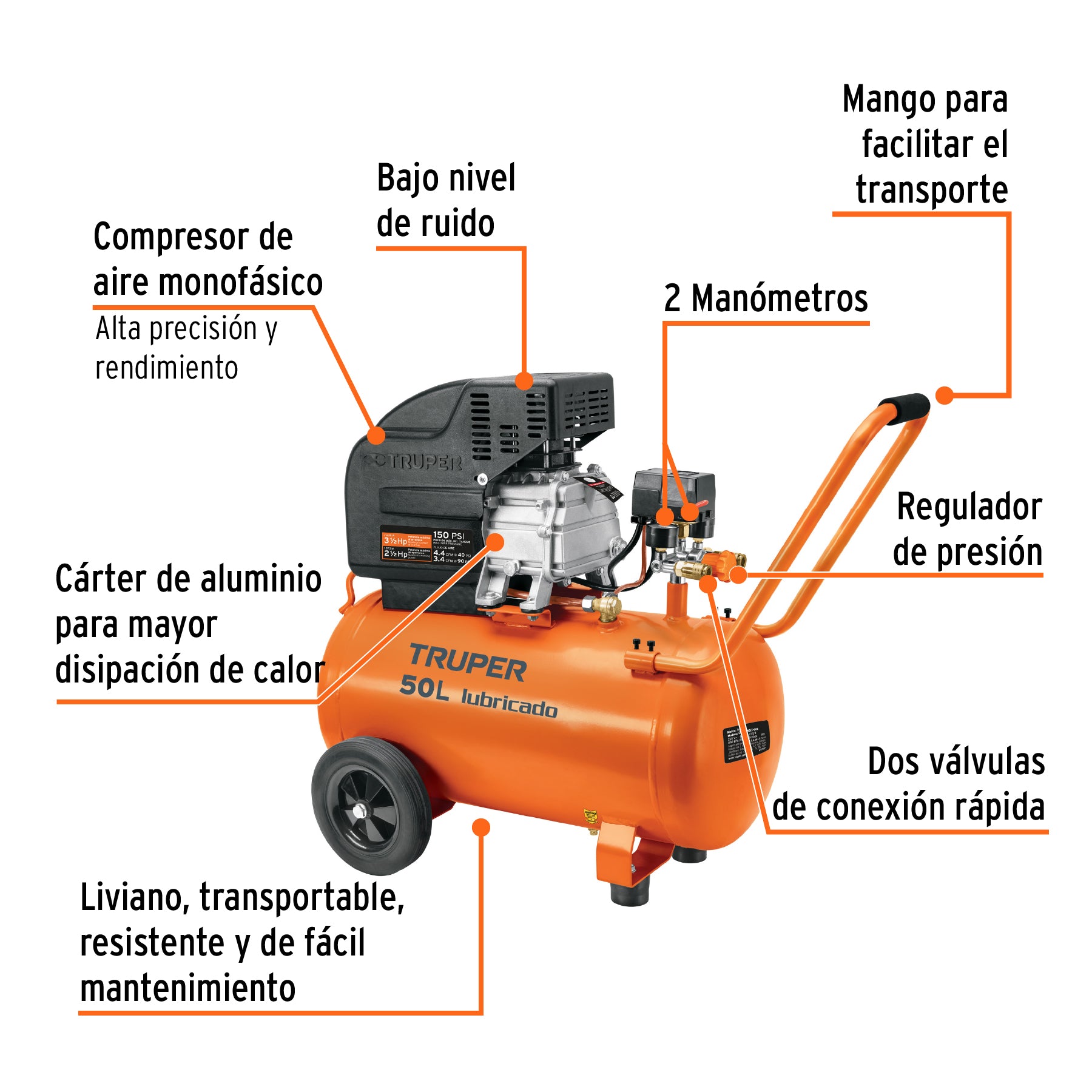 Compresor de aire, lubricado,horizontal 50L 3½HP 127V Truper, 15007