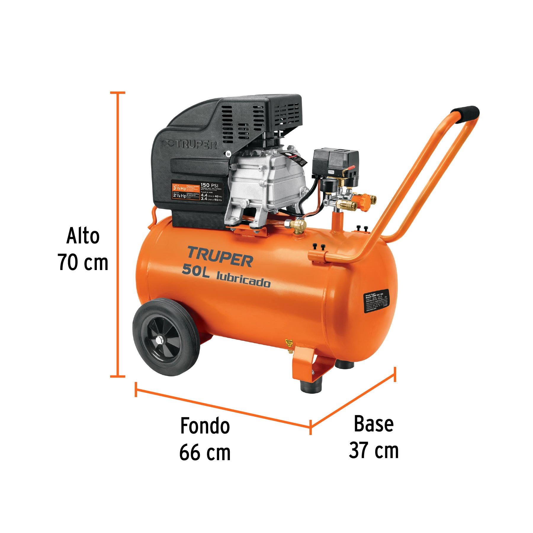 Compresor de aire, lubricado,horizontal 50L 3½HP 127V Truper, 15007